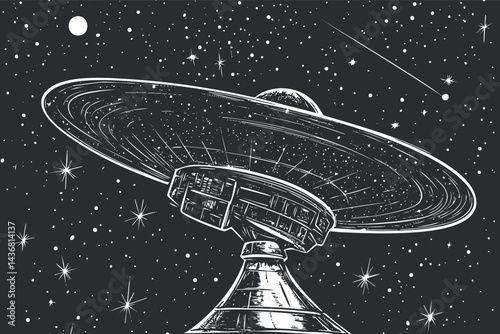 Black and white illustration of a satellite or space station orbiting in space with stars and celestial bodies in the background