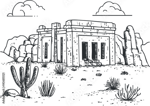 Black and white sketch of ancient stone ruins in a dry desert landscape with cactus and rocky hills