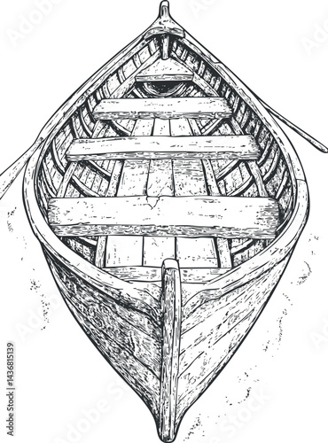 Hand drawn black and white sketch of a wooden canoe boat with paddles, viewed from above.