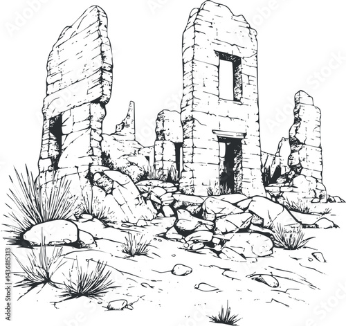 Black and white illustration of ancient stone ruins in a dry desert landscape with scattered rocks and sparse vegetation.