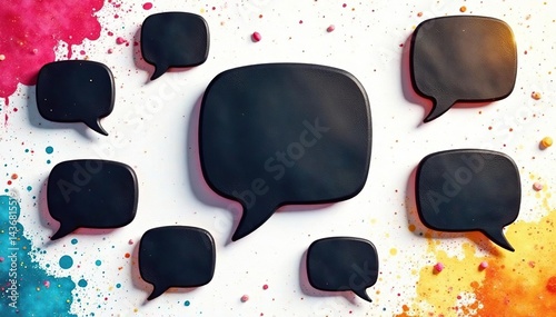 Bold black speech bubbles on white, geometric layout, black, background