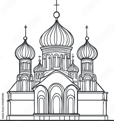 Black and white line drawing of an orthodox church with onion domes and crosses on top