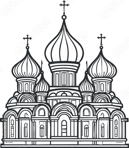 Black and white line art drawing of an Orthodox church with domes and crosses on top