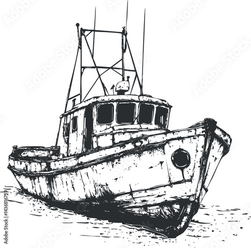 Black and white sketch illustration of an old fishing boat on water for nautical and maritime themes