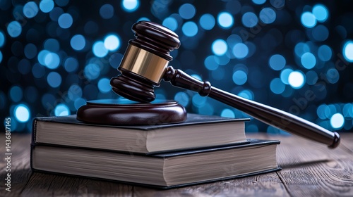 A wooden gavel rests on a stack of law books with a shimmering blue bokeh background, symbolizing justice and law.