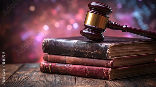 A wooden gavel rests atop a stack of antique legal books, symbolizing justice and the law.