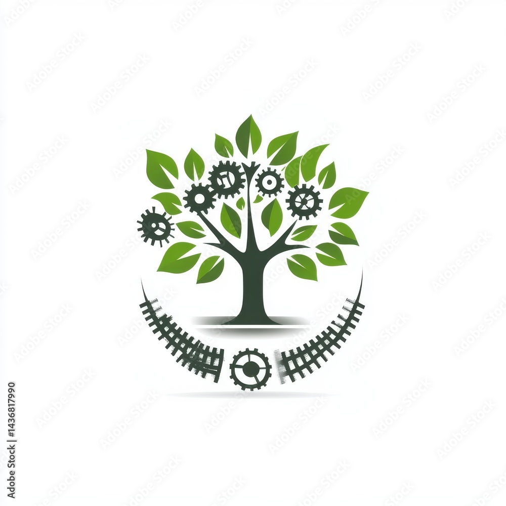 Obraz premium A harmonious blend of nature and machinery featuring a green tree surrounded by gears.