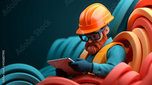 Focused Worker Reviewing Digital Tablet Amidst Abstract Colorful Waves