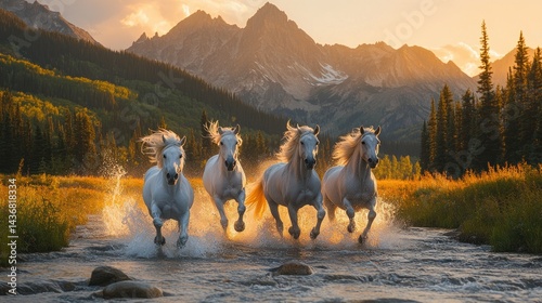 Majestic white horses gallop through a mountain stream at golden hour