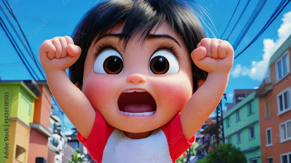 A joyful little girl bursts into laughter, her giggles filling the air with fun and delight in a vibrant scene.