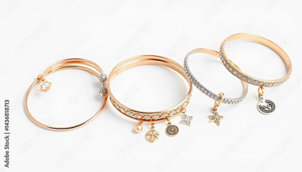 Four Sparkling Gold Tone Bracelets with Charms Isolated on White Screen Background Ideal for Jewelry Ads and Promotional Content with Clean Studio Setting Four Sparkling Gold Tone Bracelets with Charms Isolated on White Screen Background Ideal for Jewelry Ads and Promotional Content with Clean Studio Setting