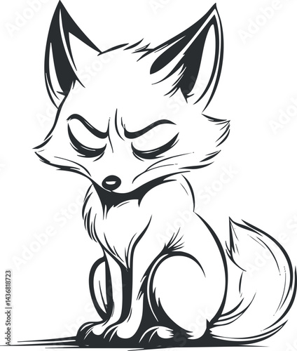 Black and white sketch of a cute sitting fox with closed eyes and pointed ears in cartoon style