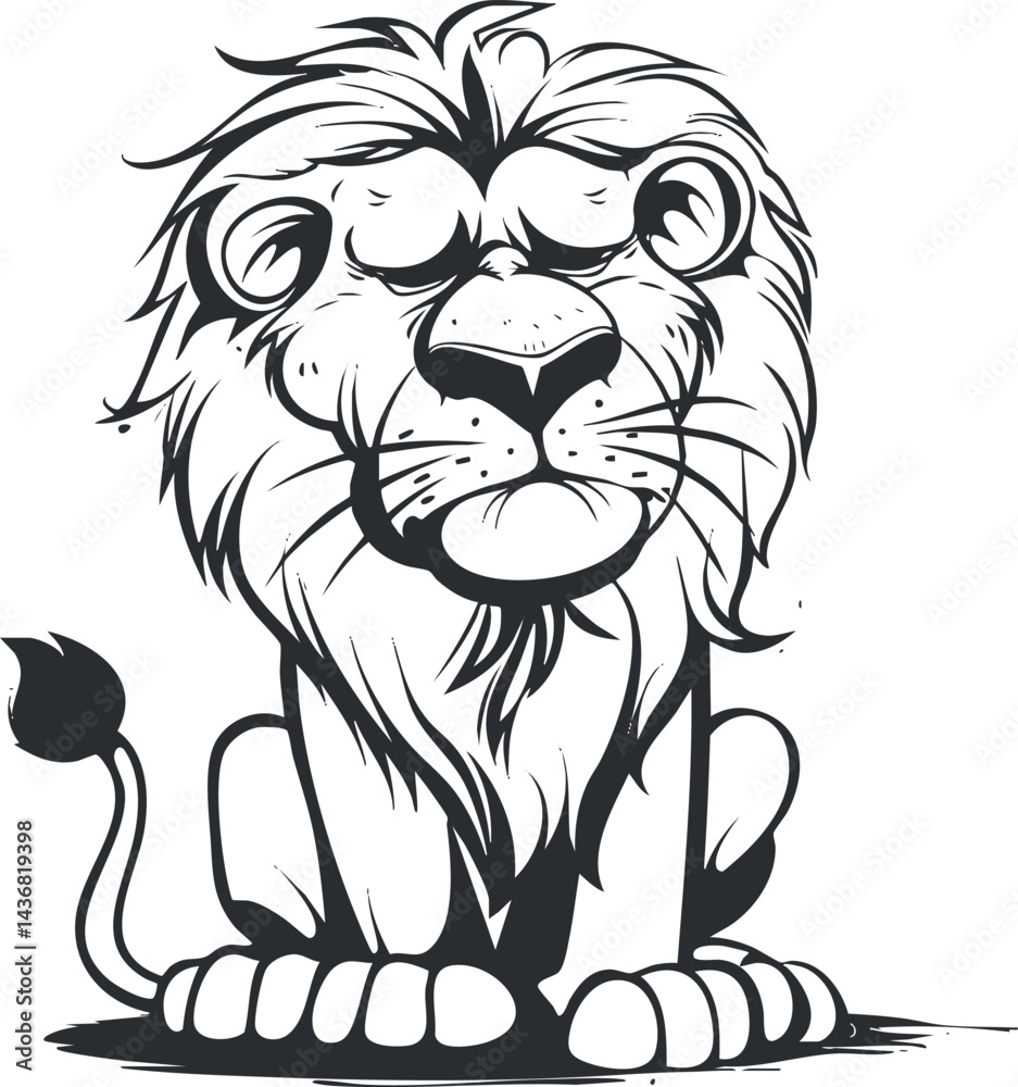 Obraz premium Black and white cartoon illustration of a sitting lion with a large mane and closed eyes