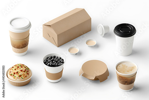 takeout packaging design, isometric illustration of take-out packaging like pizza boxes and boba tea cups in a colorful layout on a white background