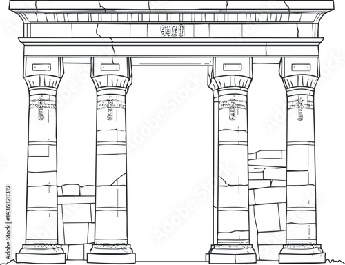 Line drawing of an ancient stone structure with four detailed columns and an archway, representing historic architecture and classical ruins.