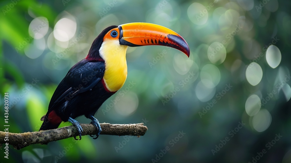 Obraz premium Stunning toucan perched on a rainforest branch massive colorful beak contrasting with its sleek black feathers dreamy wildlife shot