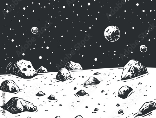 Black and white illustration of a rocky moon surface with craters and asteroids under a starry space sky with planets