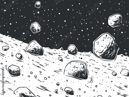 Black and white illustration of asteroid field floating in outer space with stars in background
