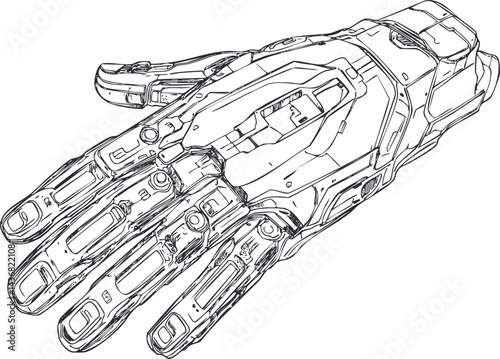 Detailed line art of a futuristic robotic hand showing intricate mechanical and cybernetic components