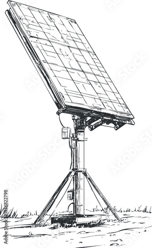Detailed sketch of a solar panel mounted on a tripod stand for renewable energy generation outdoors