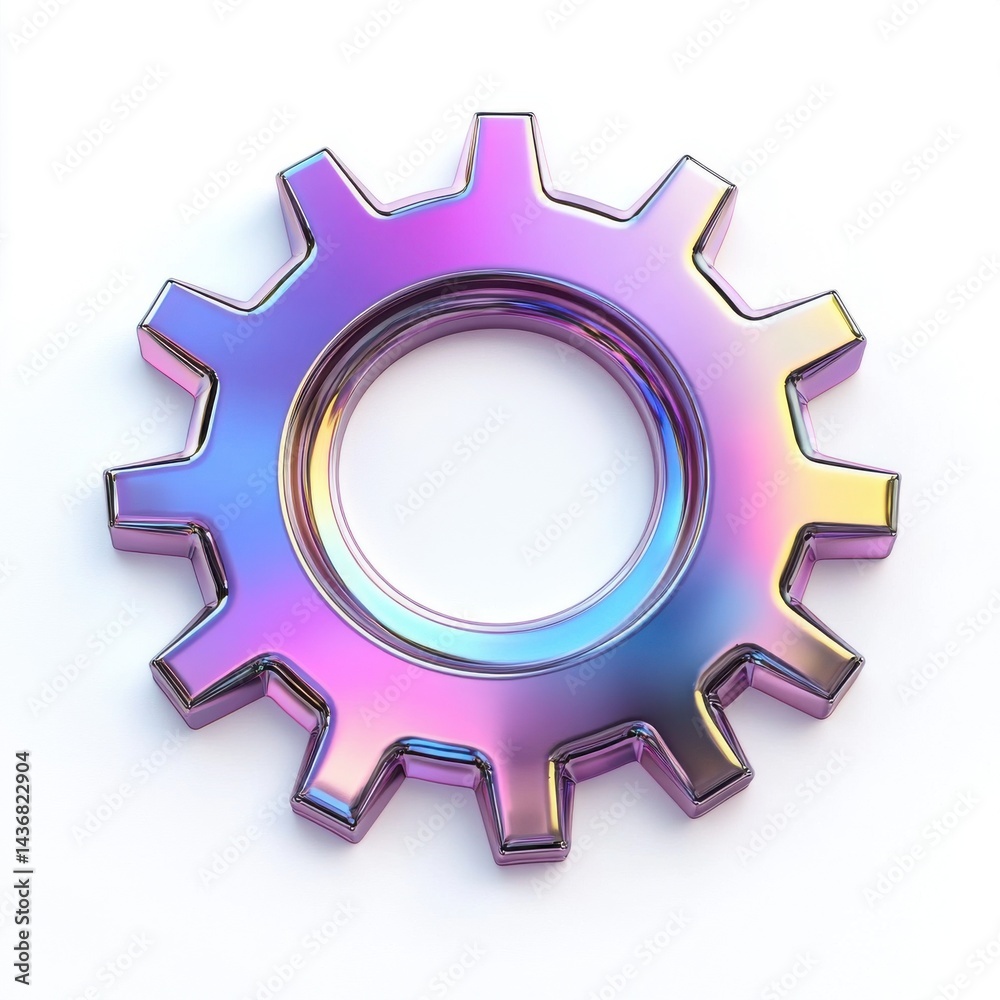 Colorful metallic gear icon with a reflective surface, representing industry and technology. Colorful metallic gear icon with a reflective surface, representing industry and technology.