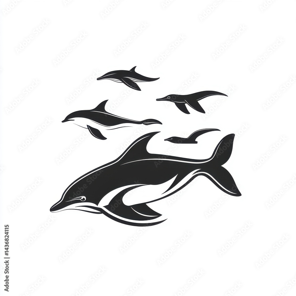 Fototapeta premium Stylized black-and-white dolphins swimming gracefully with birds in the background.