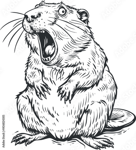 Black and white detailed illustration of an aggressive beaver with open mouth showing teeth and claws