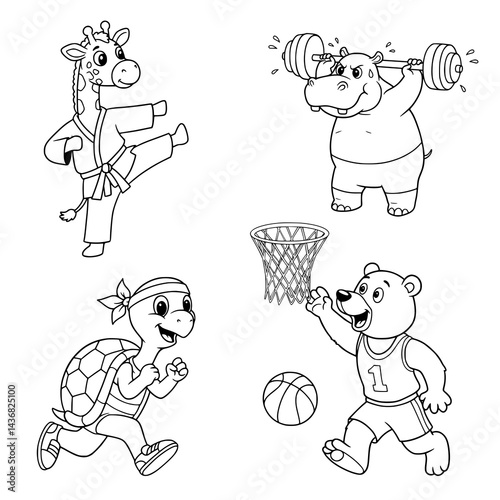 animals cartoon doing sports. coloring page for kids