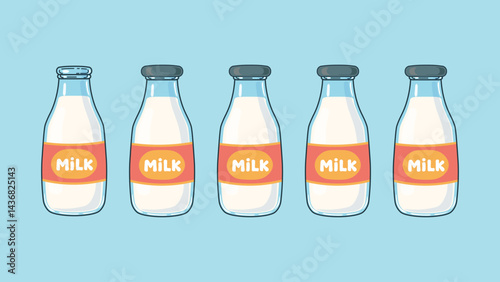 Identical glass bottle of fresh white milk, each with simple "MILK" label and blue cap. Representing daity products, nutrition, and healty eating