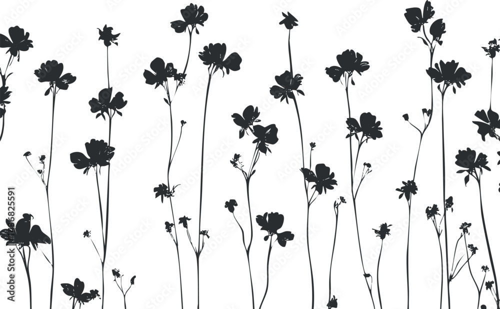 Black silhouette of tall wildflowers with stems and blossoms isolated on white background
