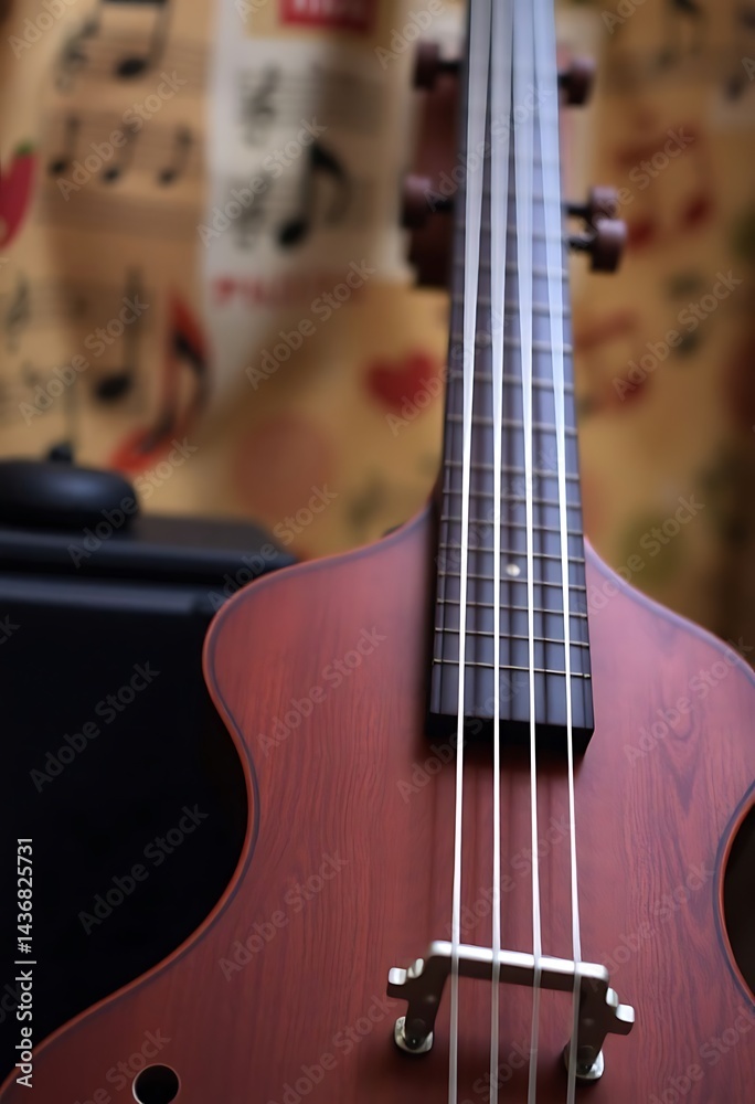 Fototapeta premium close up of a bass guitar on a table