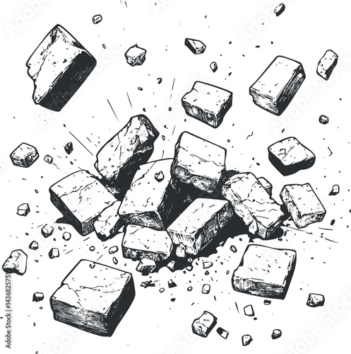 Black and white sketch illustration of scattered broken rocks and stone fragments in various sizes isolated on white background.