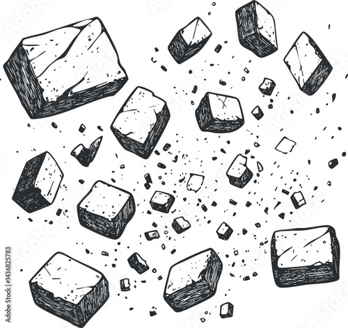 Hand drawn black and white illustration of floating rough stone pieces and fragments isolated on white background