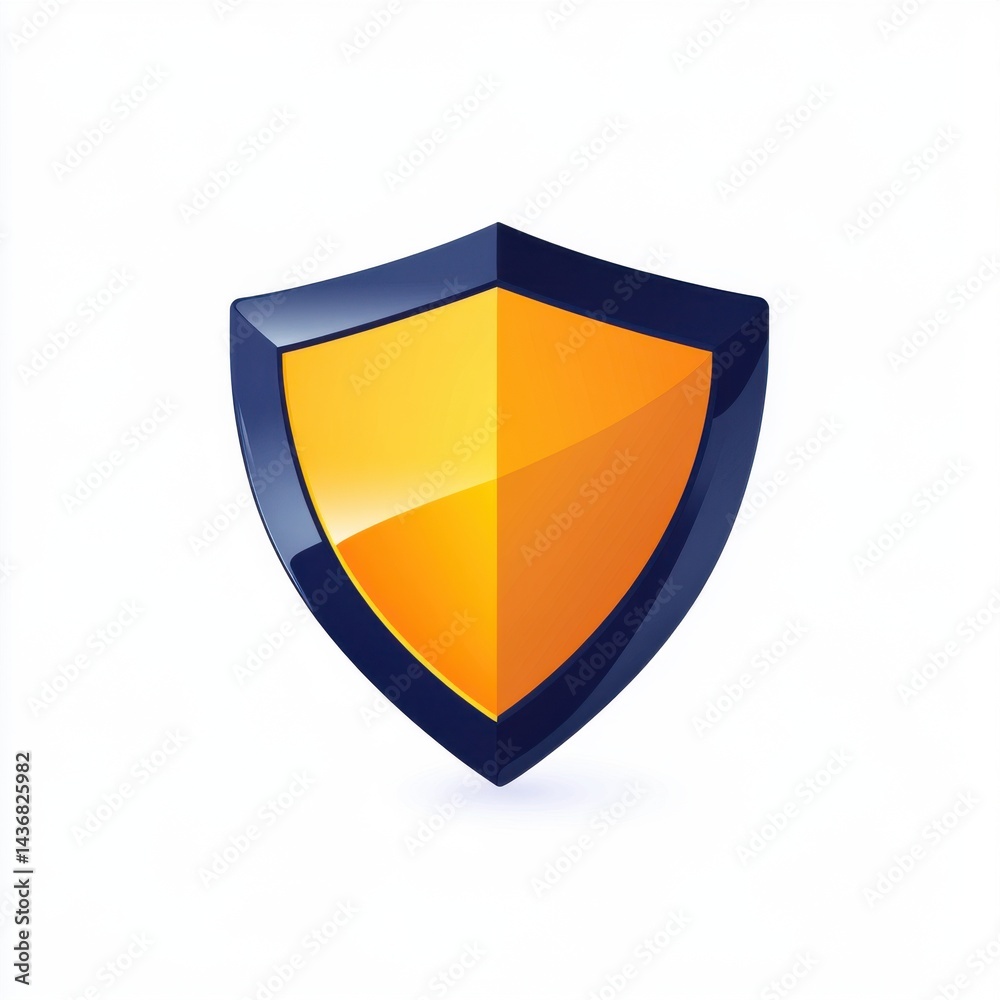 Fototapeta premium Stylized shield icon in vibrant orange and blue, symbolizing security and protection.