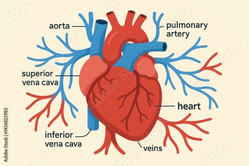 Anatomical diagram of the human heart with labeled vessels and arteries