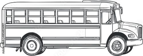 Black and white line drawing of a school bus side view showing seats and windows for educational transportation