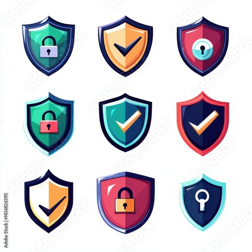 A vibrant collection of digital security icons featuring colorful shields with various security symbols. Free Download A vibrant collection of digital security icons featuring colorful shields with various security symbols. - GFXLoad