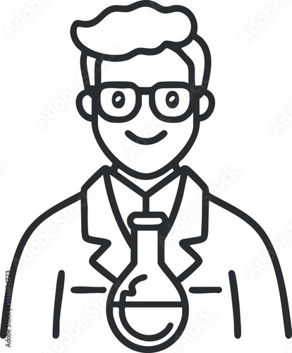 Line drawing of a male scientist wearing glasses and a lab coat holding a flask with liquid