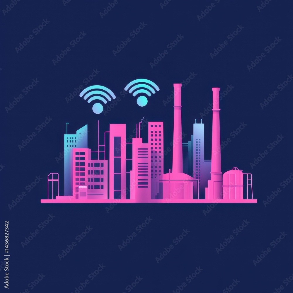 Obraz premium Stylized cityscape featuring modern buildings and industrial elements, showcasing connectivity icons.