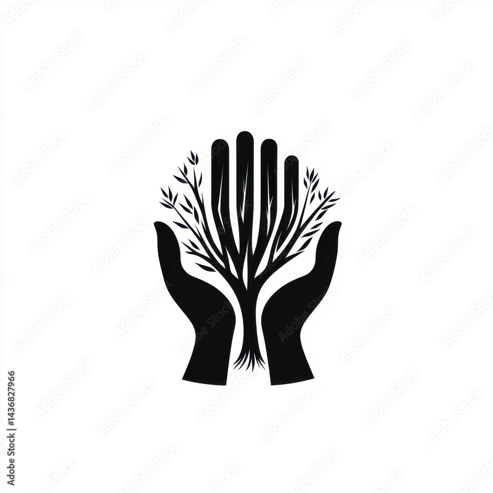 Fototapeta premium Stylized black silhouette of hands nurturing a tree, symbolizing growth and environmental care.