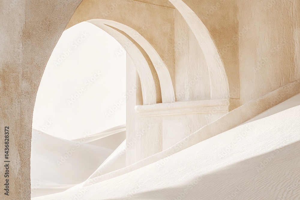 Fototapeta premium Elegant archway reveals a serene desert landscape, showcasing minimalist architecture and sand dunes.