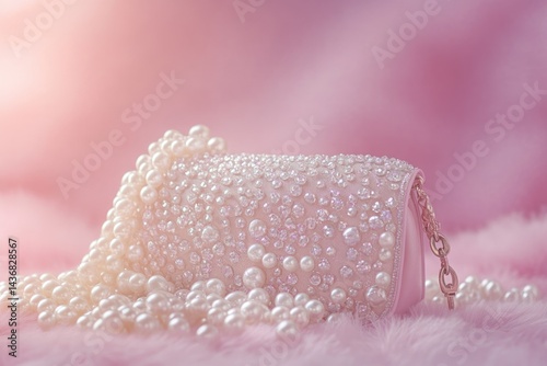 Pink pearl embellished clutch bag rests on fluffy pink surface, elegant and luxurious.
