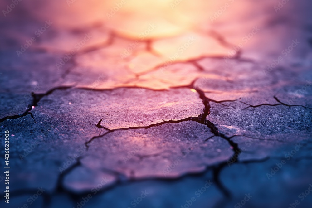 Obraz premium Dry cracked earth at sunset, showing texture and color gradients.