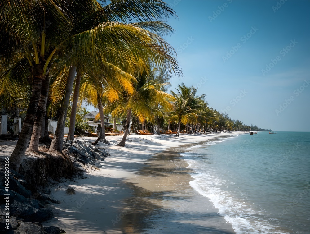 Naklejka premium A picturesque tropical beach scene showcases lush palm trees lining a pristine sandy shore with gentle waves lapping the coastline under a vibrant
