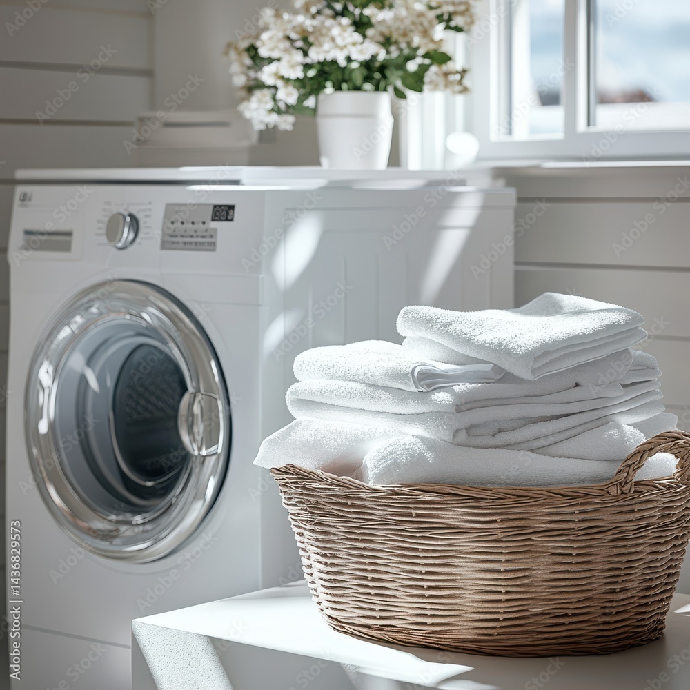 Bright laundry room featuring a modern washing machine and neatly stacked white towels in a basket. Bright laundry room featuring a modern washing machine and neatly stacked white towels in a basket.