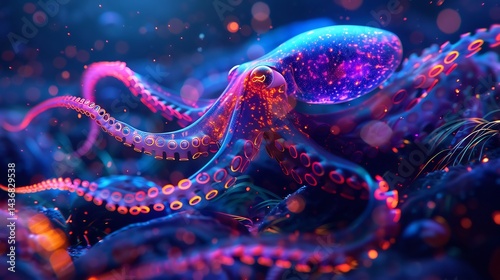 Surreal glowing squid deep in the midnight zone of the ocean its tentacles pulsing with bright neon light photo