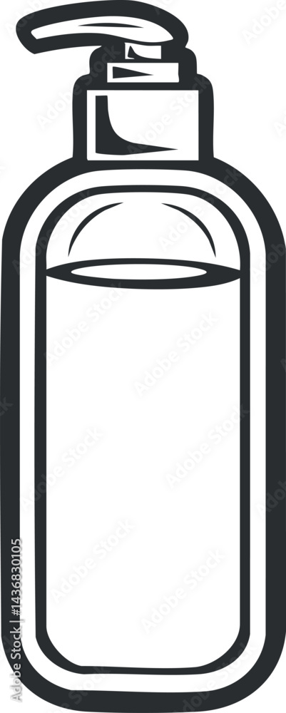Black and white illustration of a liquid soap dispenser bottle with pump for hygiene and skincare Black and white illustration of a liquid soap dispenser bottle with pump for hygiene and skincare