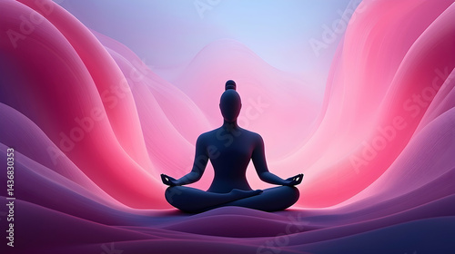 Silhouette Meditating Inner Peace Amidst Pink Purple Abstract Waves