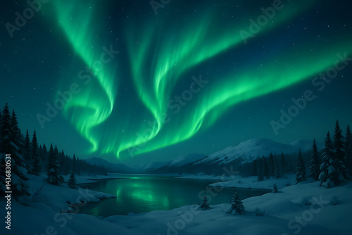 Majestic Northern Lights Over Snowy Landscape and Frozen Lake