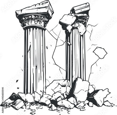 Illustration of two broken ancient classical stone columns with rubble and cracks around them